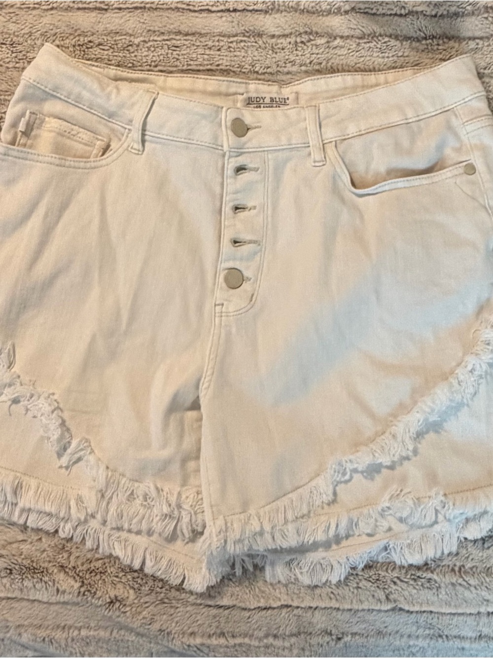 Judy Blue Off-White Frayed Button-Front Denim Shorts